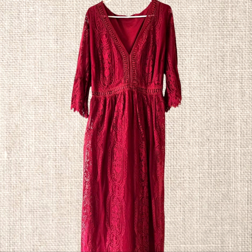 Cranberry Red Lace Maxi Dress Event Holiday Wedding V-neck Ruffled Sleeve Plus - Picture 6 of 11